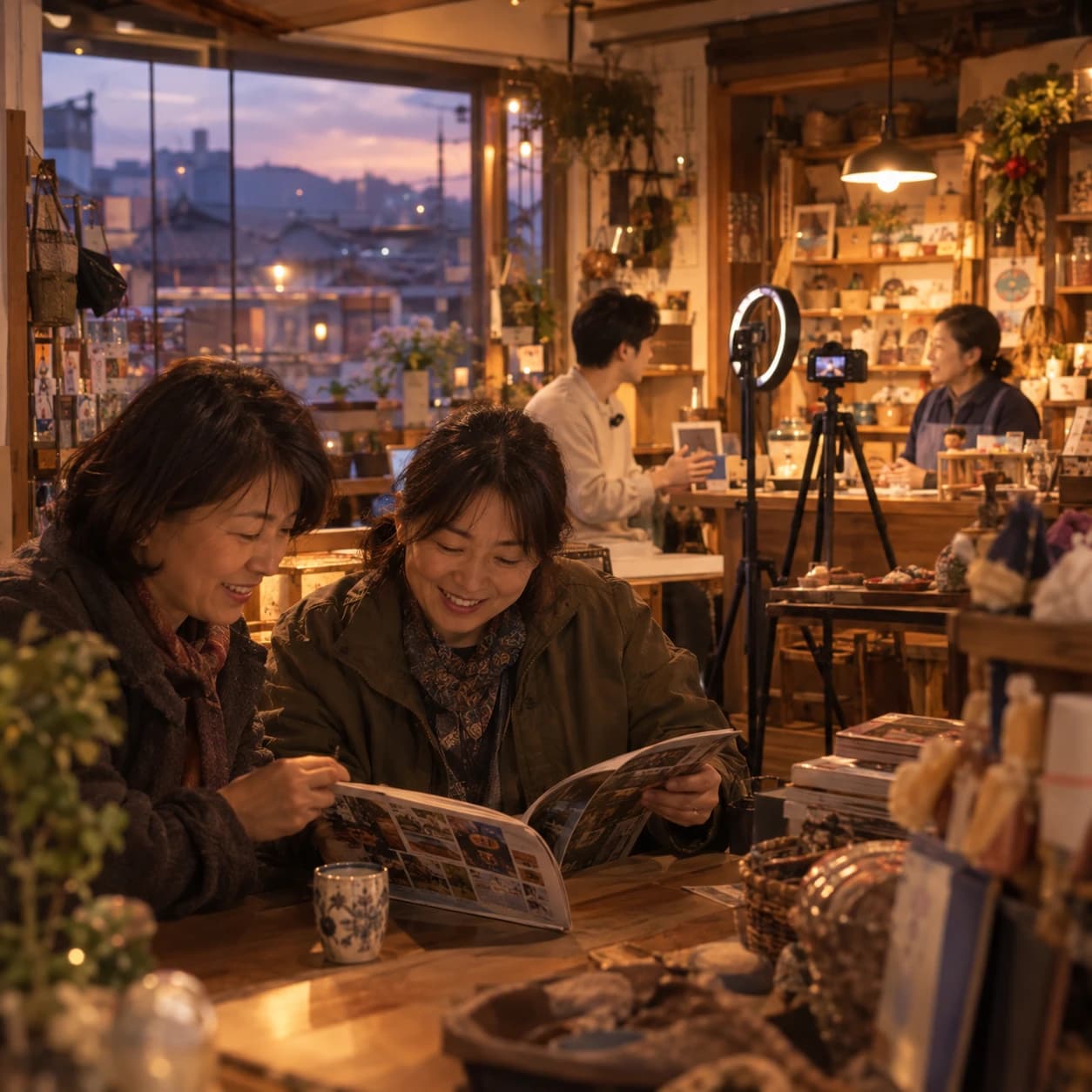 동네 가게에서 소식지를 함께 읽는 두 사람과 영상을 찍는 모습